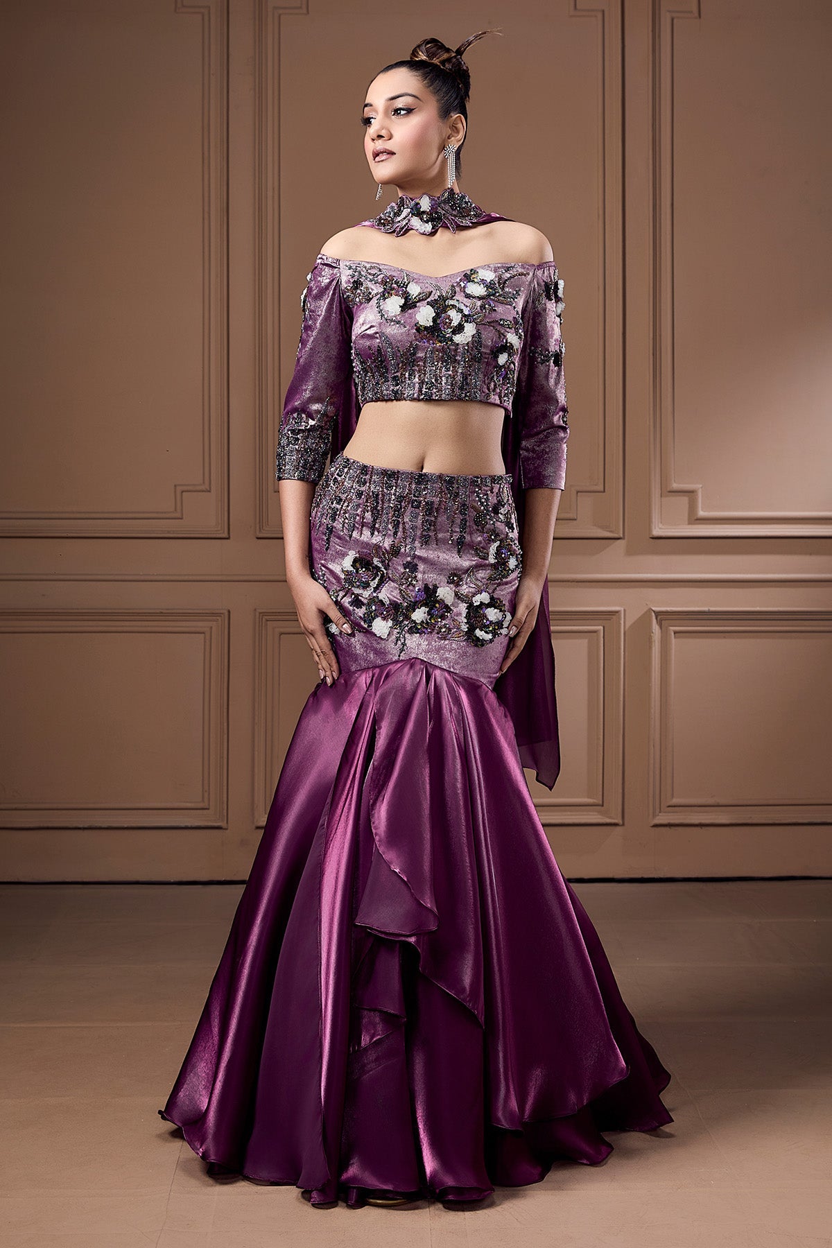 Buy Purple Beads Mermaid Lehenga Set by Label Kaleido for Women online at ScrollnShops